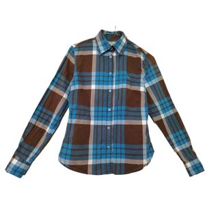 Burberry Brit Womens Blue Nova Check Plaid 100% Cotton Collared Blouse Top Small